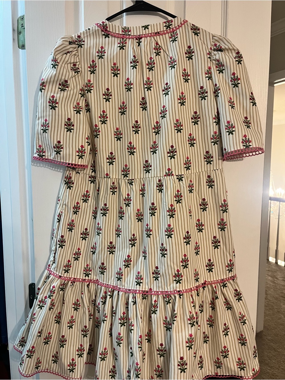 Mary Square Cream Floral Stripe Tiered Dress with Pink Trim - Picture 4 of 4